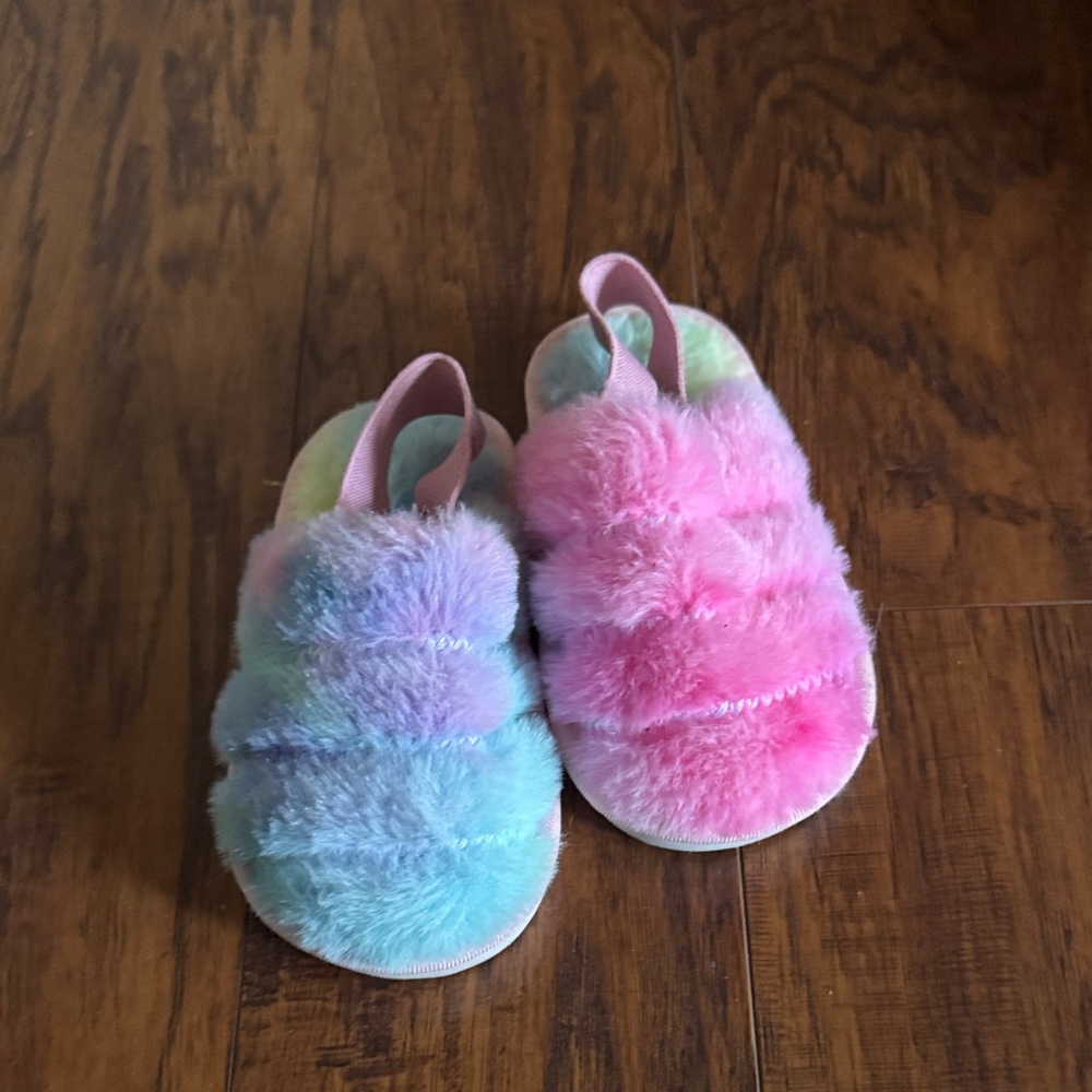 Kids Plush Rainbow Pink & Multicolor Slide Slippers